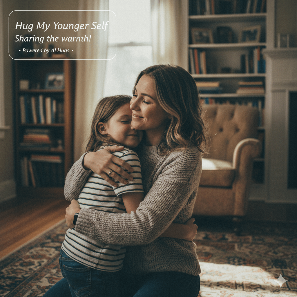 AI video generation showing woman hugging her younger self