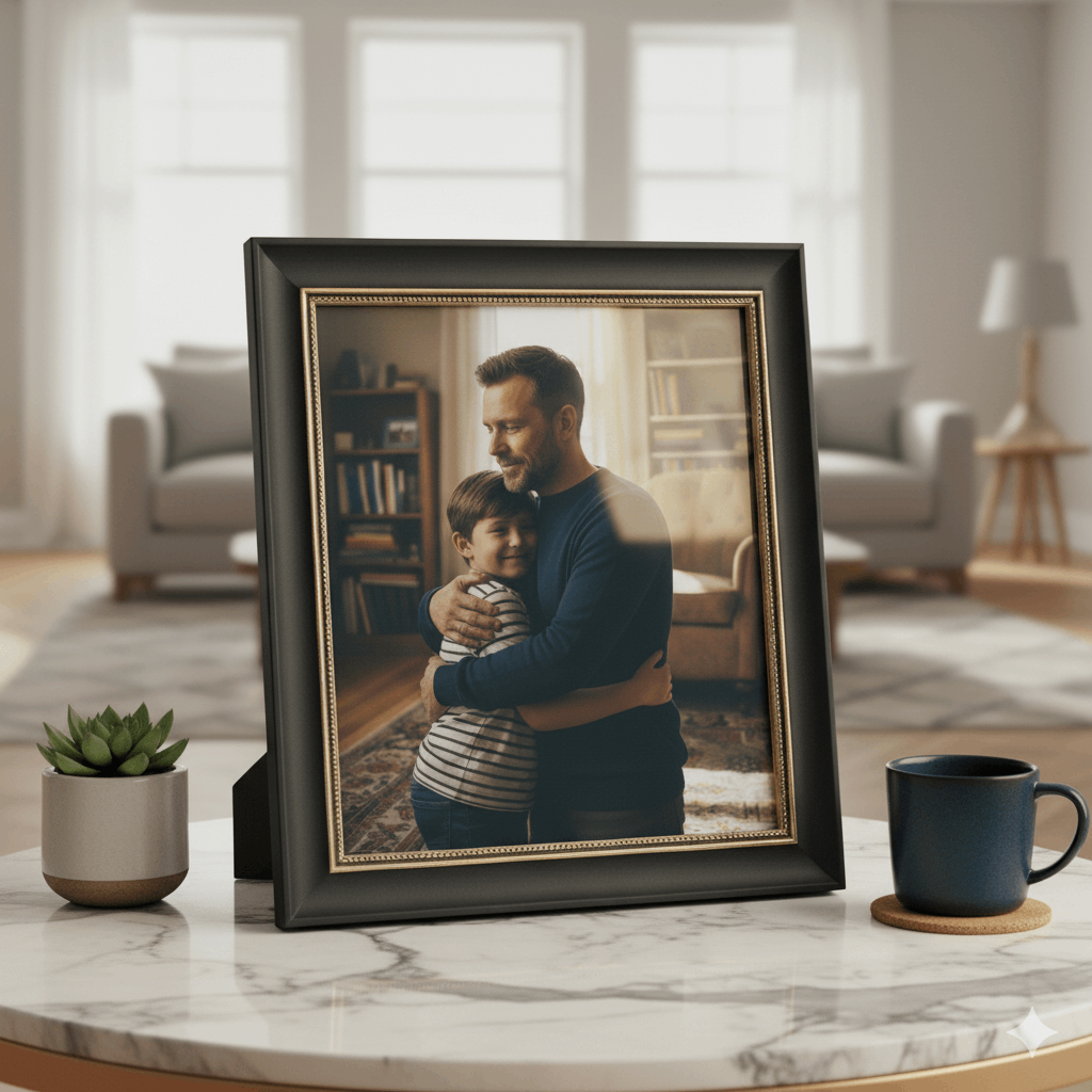 Mobile app interface showing man hugging his past self